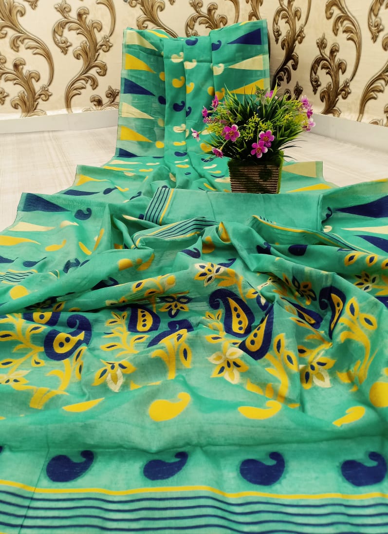Jade Color Festive Wear Soft Cotton Rich Pallu Jacquard Saree Blouse For Women