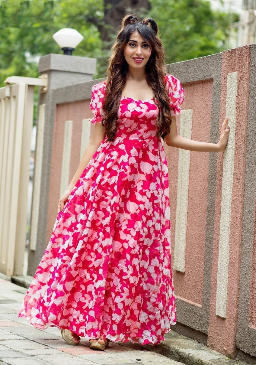 Jazzy Rani Pink Color Full Stitched Designer Faux Georgette Digital Printed Gown For Festive Wear