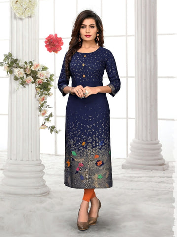 Exquiste Navy Blue color Rayon Ready Made Printed Kurti For Women
