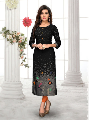 Black color Rayon Ready Made Printed Kurti For Women