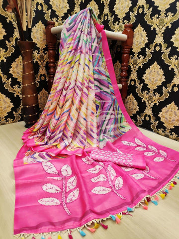 Fuchsia Color Linen Leheriya Digital Printed Saree Blouse For Function Wear