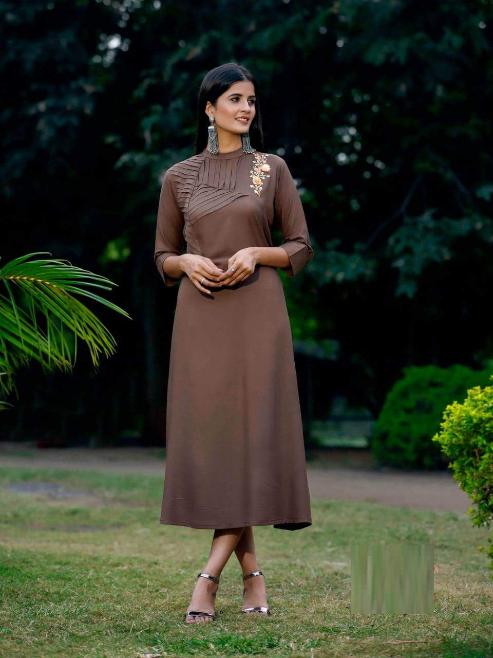 Chocalate Color Fully Stitched Heavy Rayon Handwork Embroidered Kurti For Women