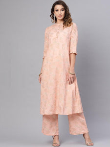 Superior Peach Color Gold Printed Princess Cut Ready Made Kurti Design Online AVADH1060101D
