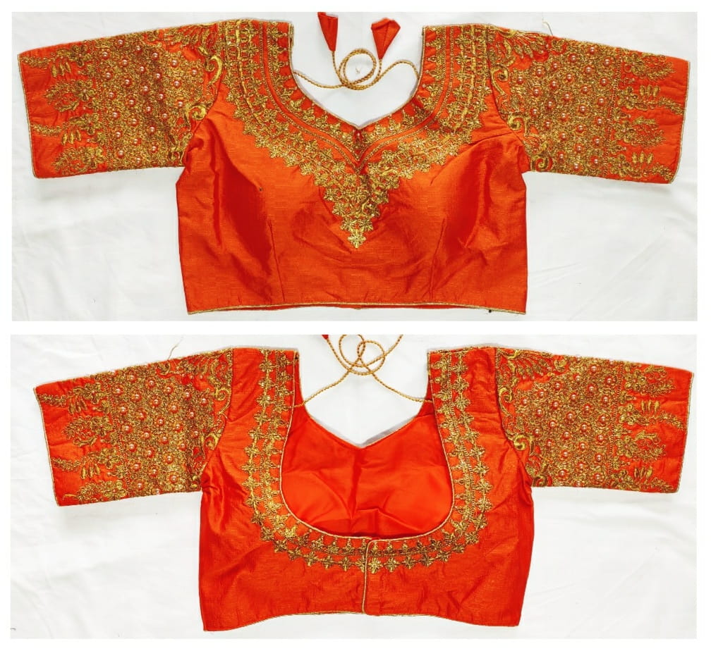 Scarlet Color Embroidered Moti Pearl Work Designer Malbari Silk Ready Made Blouse For Festive Wear