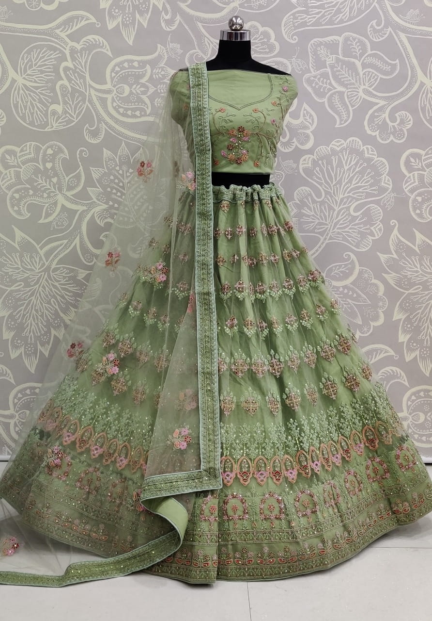 Sage Green Color Net Embroidered Multi Thread Work Designer Bridal Wear Lehenga Choli
