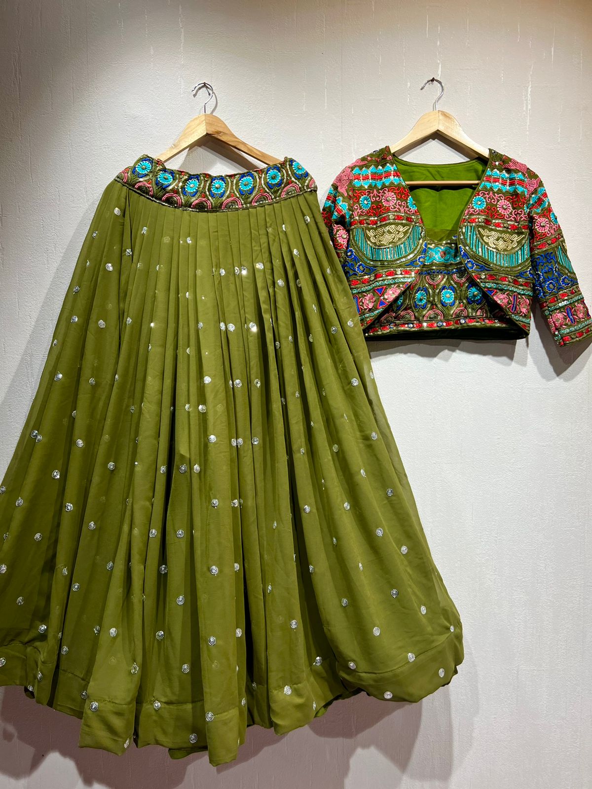 Party Wear Green Color Stitched Embroidered Lehenga With Koti