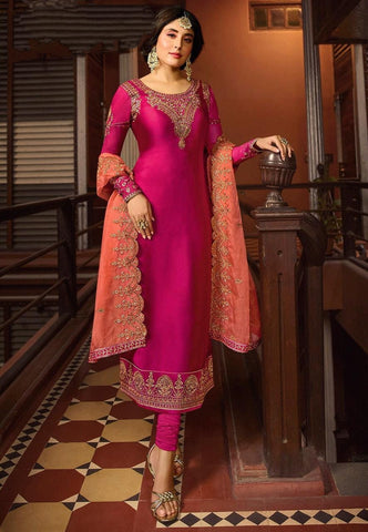 Magenta Color Designer Satin Georgette Embroidered Work Salwar Suit For Women