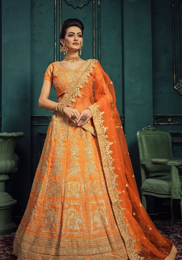 Orange Color Designer Malbari Silk Dori Sequence Embroidered Border Work Lehenga Choli For Wedding Wear