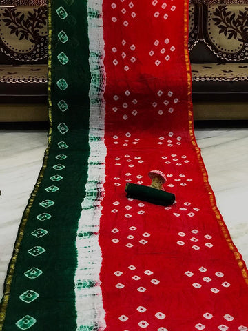 Barn Red Color Bandhani Silk Fancy Weaving Border Saree Blouse