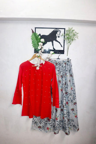 Red Color Party Wear Rayo Moti Work Ready Made Skirt Top For Women