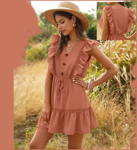 Brown Color Button Front Latest Ruffle A-line Western Dress