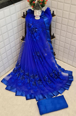 Alluring Royal Blue Color Designer Soft Net Embroidered Pearl Flower Stone Work Saree Blouse For Women