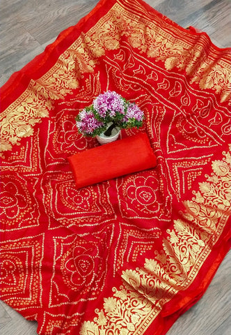 Good-looking Red Color Wedding Wear Bandhani Cotton Foil Printed Designer Saree Blouse