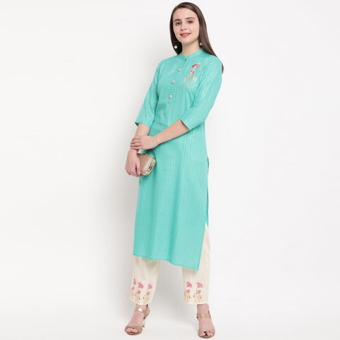 Gorgeous Sky Blue Color Full Stitched Rayon Embroidered Work Designer Kurti Pent Set For Party Wear