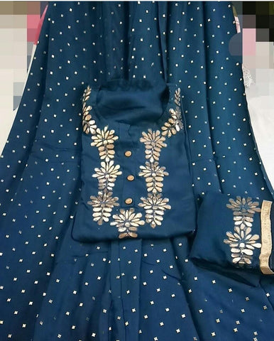 Rama Colored Kurti Rayon Cotton Semi Stitched Gota Work And Rayon Palazo Full Stitched With Najmeen gota Work Dupatta For Function Wear VT3034102A