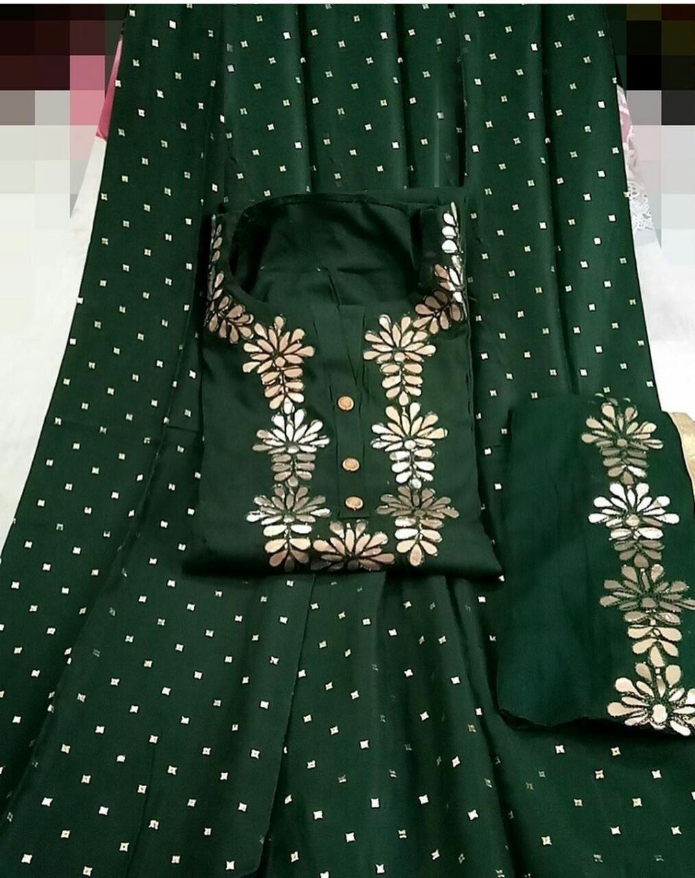 Dark Green Colored Rayon Cotton Kurti Full Stitched Palazo With Najmeen Dupatta For Party Wear VT3034102C