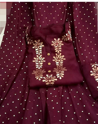 Maroon Rayon Cotton Kurti Semistitched Gota Work Full Stitched Palazo With Najeem Dupatta Set For Women VT3034102D