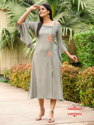 Light Color Fully Stitched Heavy Rayon Handwork Embroidered Kurti For Women
