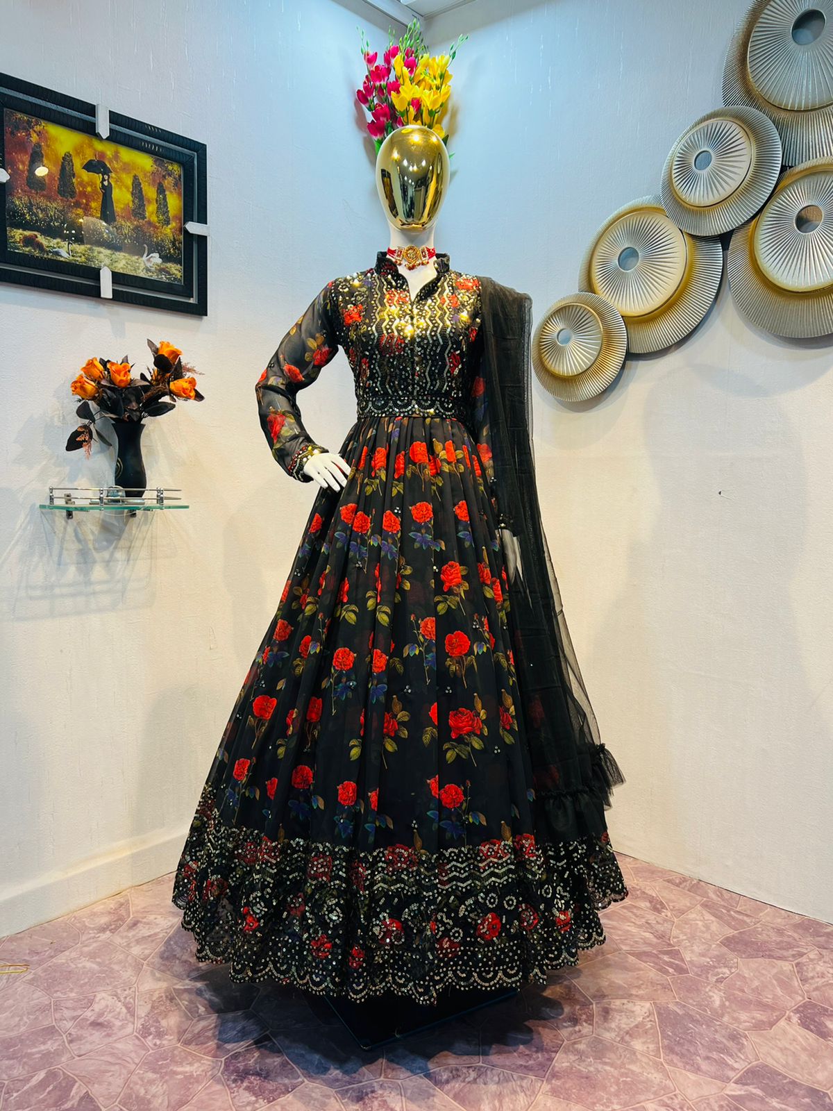 Black Color Stitched Georgette Embroidered Gown