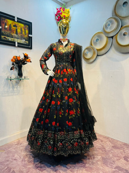 Black Color Stitched Georgette Embroidered Gown