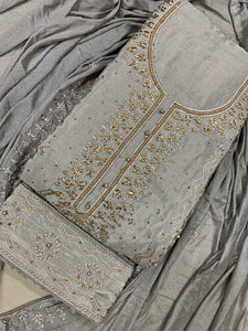 Grey Color Festive Wear Chinon Machine Embroidered Moti Stone Work Salwar Suit For Women