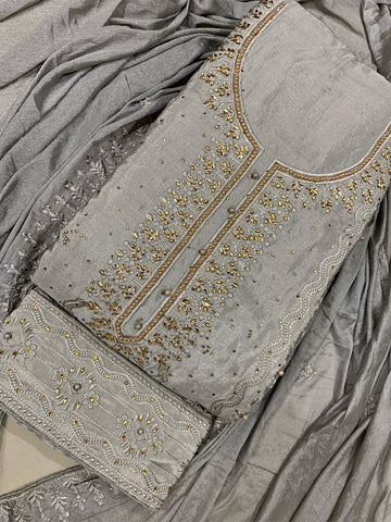 Grey Color Festive Wear Chinon Machine Embroidered Moti Stone Work Salwar Suit For Women
