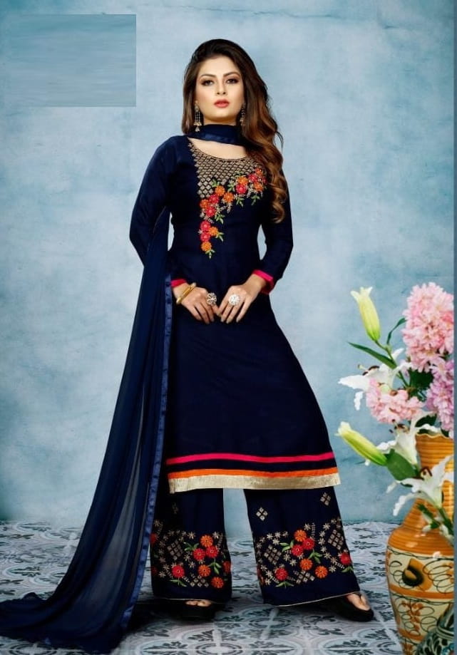 Navy Blue Color Stitched Embroidered Kurta Plazzo For Women