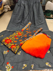 Grey Colored Heavy Rayon With Full Embroidered Work Lace Border Kurti And Ready Made Sharara Suit
