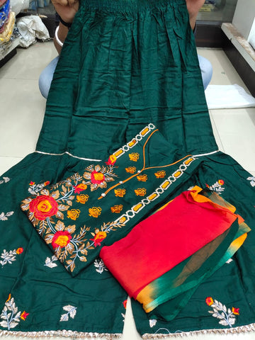 Pretty Rama Green Kurti with Full Embroidered Work And Full Stitched Sharara And Nameen Shaded Four Side Lace For Women VT3052106C