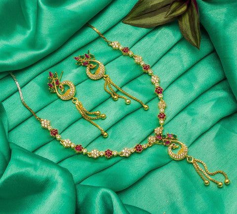 Magenta Color Diamond Artificial Golden Necklace Set For Party Wear