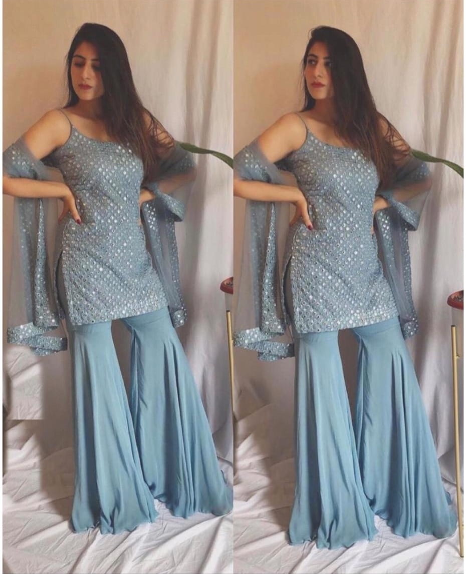 Preferable Light Blue Color Festive Wear Semi Stitched Designer Georgette Sequence Embroidered Work Plazo Salwar Suit
