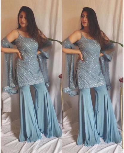 Preferable Light Blue Color Festive Wear Semi Stitched Designer Georgette Sequence Embroidered Work Plazo Salwar Suit