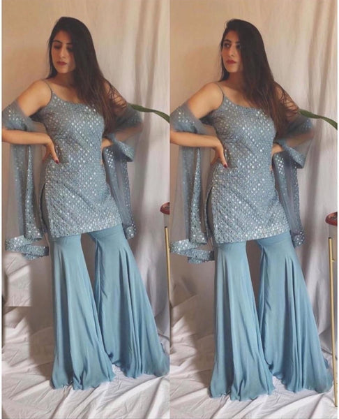 Preferable Light Blue Color Festive Wear Semi Stitched Designer Georgette Sequence Embroidered Work Plazo Salwar Suit