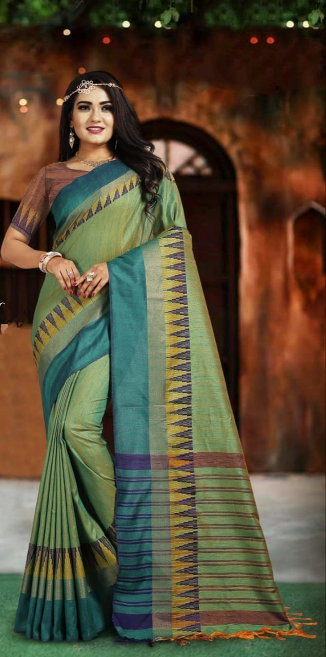 Fern Color Designer Cotton Silk Printed Border Saree Blouse For Wedding Wear