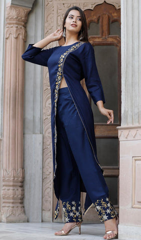 Navy Blue Color heavy Rayon Embroidered Work Kurti And Party Wear Rayon Embroidered Work Plazo Full Stiched For Party Wear VT3051101A