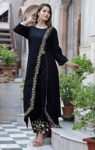 Black Color Rayon Kurti With Heavy Embroidered Work Plazo Set For Function Wear VT3051101B Plazo