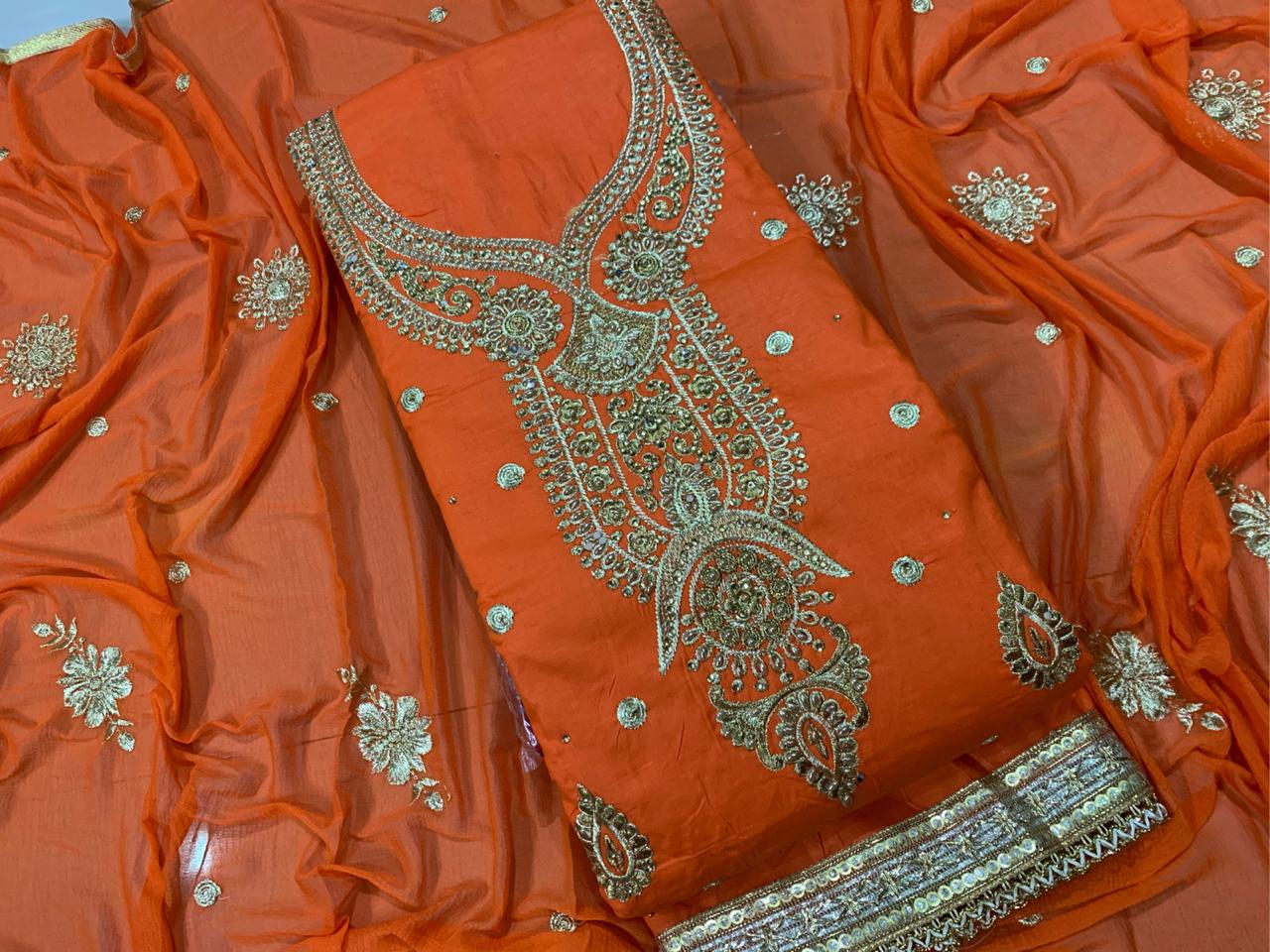 Pumpkin Color Designer Cotton Embroidered Diamond Work Salwar Suit
