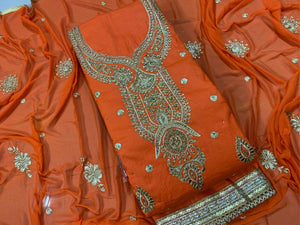 Pumpkin Color Designer Cotton Embroidered Diamond Work Salwar Suit