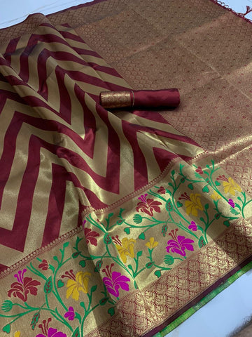 Sensational Maroon Color Party Wear Banarasi Silk All Over Jacquard Work Saree Blouse For Women