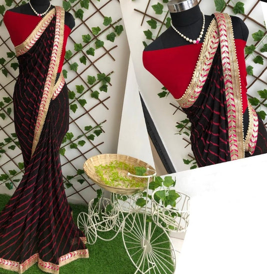 Sizzling Black Color Party Wear Gotta Patti Work Designer Leheriya Nazmin Saree Blouse For Women