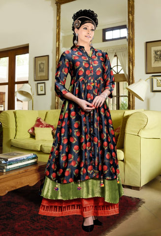 Navy Blue Heavy Poly Rayon With Digital Print Kurti