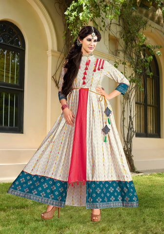 Cream Poly Rayon With Digital Print Kurti For Function Wear