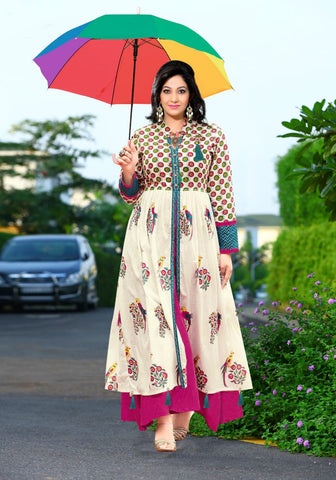 Cream Color Heavy Poly Rayon With Digital Print Kurti For Party Wear