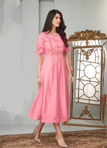 Pretty Pink Color Cotton With Embroidered Work Designer Kurti For Party Wear