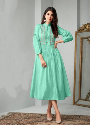 Firozi Cotton With Heavy Embroidered Work Kurti For Women