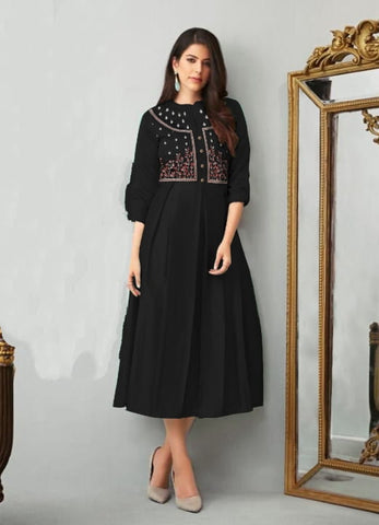 Black Colored Heavy Embroidered Work Cotton Kurti For Party Wear