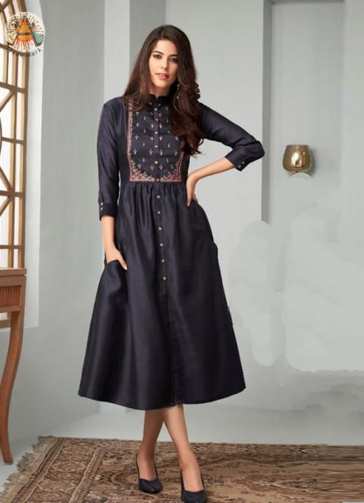 Glourious Navy Blue Heavy Embroidered Work Cotton Kurti For Women