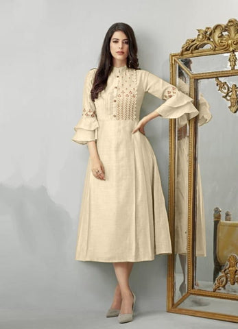 Cream Colored Heavy Cotton With Embroidered Designer Kurti For Party Wear