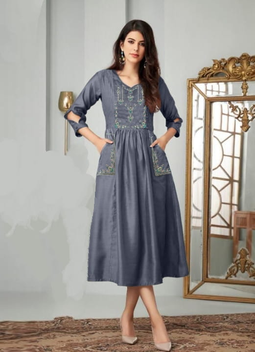 Party Wear Dark Grey Heavy Embroidered Work Cotton Kurti For Women