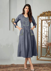 Party Wear Dark Grey Heavy Embroidered Work Cotton Kurti For Women